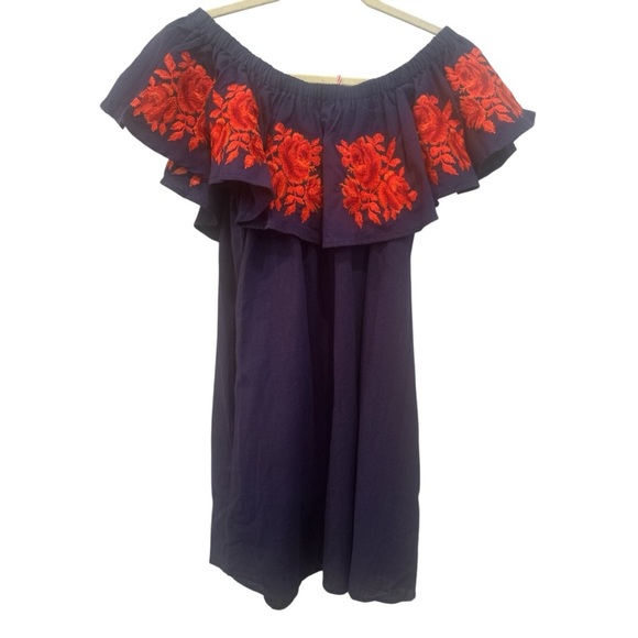 Umgee Navy Dress NWT Red Embroidery Off Shoulder Mini Summer Boho Festival Sz M - Picture 2 of 6
